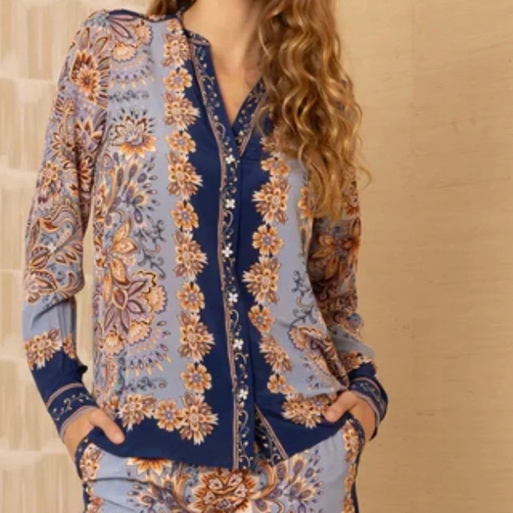 Hale Bob Navy, Light Blue and Brown Silk Shirt. XL. NWT. - Picture 1 of 2